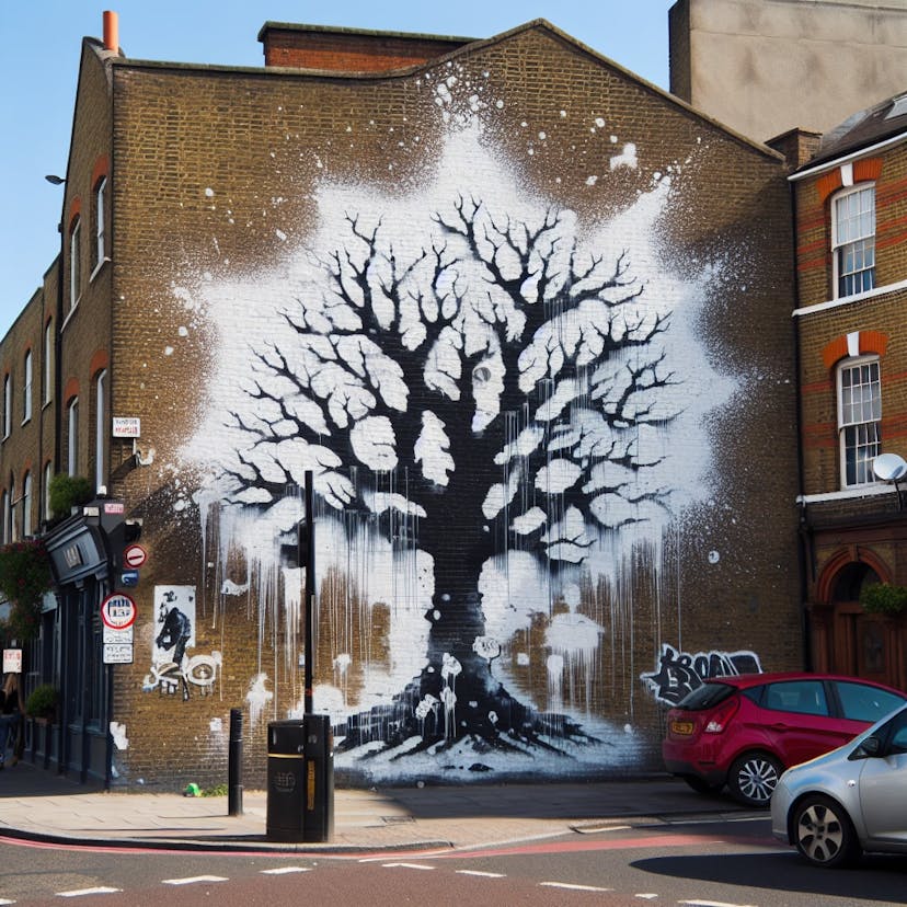 A new Banksy mural depicting a tree on a north London wall was vandalised with white paint. The artwork, confirmed by Banksy's Instagram, attracted fans before being defaced. Officials are investigating the damage to the street artist's latest piece. #Banksy #StreetArt #Vandalism